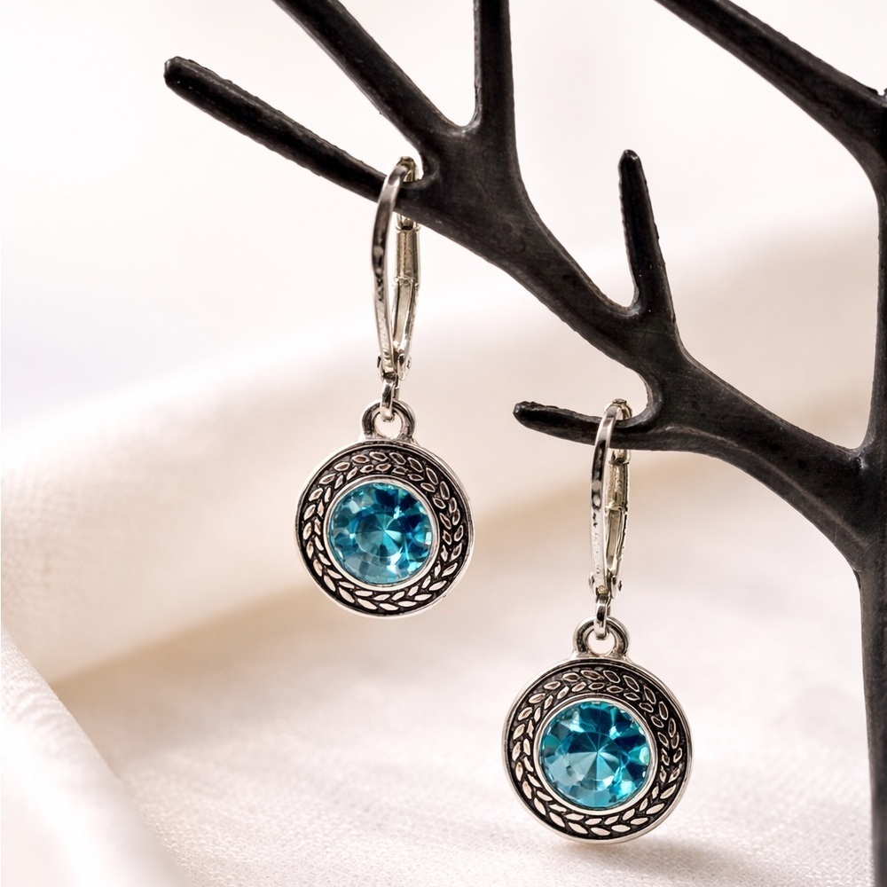 Napier Blue Crystal Dangle Earrings | Silver Tone Leverback Vintage Style